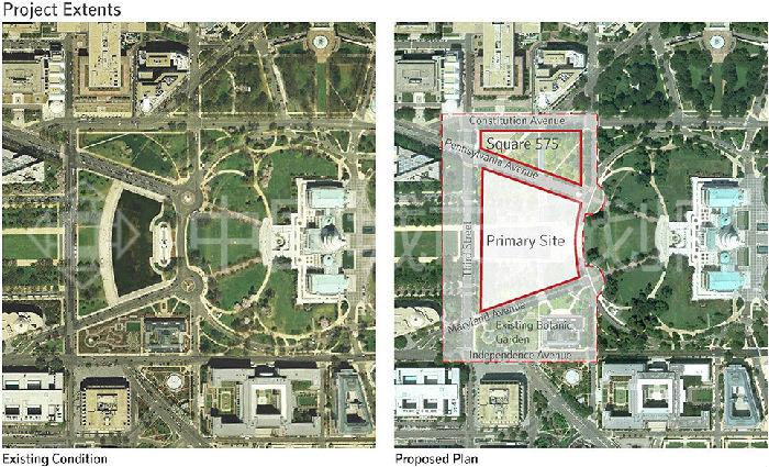提议的方案远超出原始场地和设计竞赛所在的575广场地块，将变化整合进现存美国植物园及周边的街景里，同时连接了国家广场和美国国会大厦地面.jpg